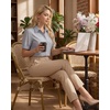 image:imageMANGOPOP Striped Button Down Shirt for Women Puff Short Sleeve Blouse Business Casual Tops Trendy 2026 SummerNavy Blue
