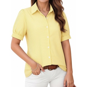 image:imageMANGOPOP Striped Button Down Shirt for Women Puff Short Sleeve Blouse Business Casual Tops Trendy 2026 SummerYellow
