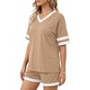 image:imageMANGOPOP Two Piece Sets for Women Summer Lounge Sets VNeck Shorts Set with PocketLight Camel