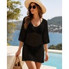 image:imageMANGOPOP Womens Swimsuit Cover Up Crochet VNeck 34 Sleeve Swimwear Bathing Beach Vacation Summer OutfitBlack