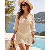 image:imageMANGOPOP Womens Swimsuit Cover Up Crochet VNeck 34 Sleeve Swimwear Bathing Beach Vacation Summer OutfitLight Apricot