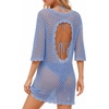 image:imageMANGOPOP Womens Swimsuit Cover Up Crochet VNeck 34 Sleeve Swimwear Bathing Beach Vacation Summer OutfitSea Blue