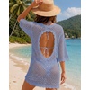 image:imageMANGOPOP Womens Swimsuit Cover Up Crochet VNeck 34 Sleeve Swimwear Bathing Beach Vacation Summer OutfitSea Blue