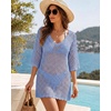 image:imageMANGOPOP Womens Swimsuit Cover Up Crochet VNeck 34 Sleeve Swimwear Bathing Beach Vacation Summer OutfitSea Blue