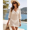 image:imageMANGOPOP Womens Swimsuit Cover Up Crochet VNeck 34 Sleeve Swimwear Bathing Beach Vacation Summer OutfitWhite