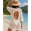 image:imageMANGOPOP Womens Swimsuit Cover Up Crochet VNeck 34 Sleeve Swimwear Bathing Beach Vacation Summer OutfitWhite