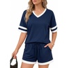 image:imageMANGOPOP Two Piece Sets for Women Summer Lounge Sets VNeck Shorts Set with PocketDeep Blue