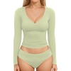 image:imageMANGOPOP Womens V Neck Long Sleeve Fitted TShirtB09 Long Sleeve Fern Green