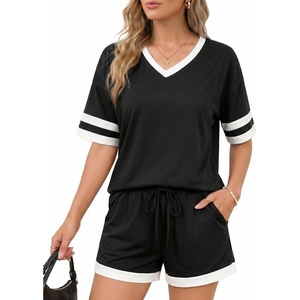 image:imageMANGOPOP Two Piece Sets for Women Summer Lounge Sets VNeck Shorts Set with PocketBlack