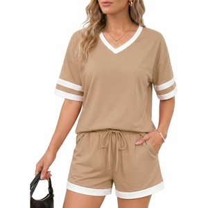 image:imageMANGOPOP Two Piece Sets for Women Summer Lounge Sets VNeck Shorts Set with PocketLight Camel