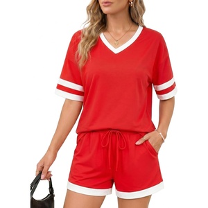 image:imageMANGOPOP Two Piece Sets for Women Summer Lounge Sets VNeck Shorts Set with PocketRed