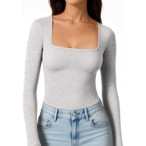 image:imageMANGOPOP Womens Square Neck Long Sleeve Shirts for Women Fitted Top Casual Basic Going Out TShirtHeather Grey