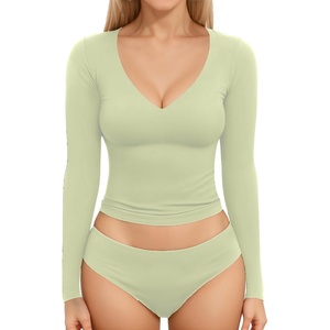 image:imageMANGOPOP Womens V Neck Long Sleeve Fitted TShirtB09 Long Sleeve Fern Green