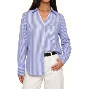 image:imageMANGOPOP Striped Button Down Shirts for Women Dress Shirts V Neck Long Sleeve Casual Blouses Office Work Shirt with PocketBlue and White Stripes