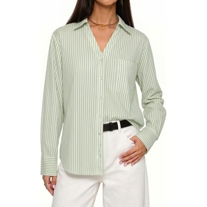 image:imageMANGOPOP Striped Button Down Shirts for Women Dress Shirts V Neck Long Sleeve Casual Blouses Office Work Shirt with PocketGreen and White Stripes