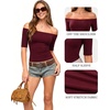 image:imageMANGOPOP Womens Half Sleeve Off the Shoulder Top Mid Elbow 34 Sleeve T Shirts Going Out Casual Trendy 2026Burgundy