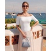 image:imageMANGOPOP Womens Half Sleeve Off the Shoulder Top Mid Elbow 34 Sleeve T Shirts Going Out Casual Trendy 2026Creamy White