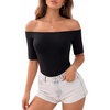 image:imageMANGOPOP Womens Half Sleeve Off the Shoulder Top Mid Elbow 34 Sleeve T Shirts Going Out Casual Trendy 2026Black