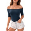 image:imageMANGOPOP Womens Half Sleeve Off the Shoulder Top Mid Elbow 34 Sleeve T Shirts Going Out Casual Trendy 2026Deep Blue