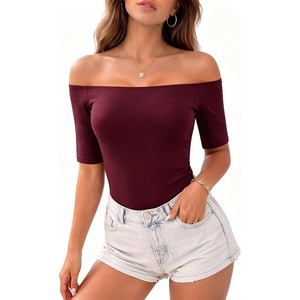 image:imageMANGOPOP Womens Half Sleeve Off the Shoulder Top Mid Elbow 34 Sleeve T Shirts Going Out Casual Trendy 2026Burgundy