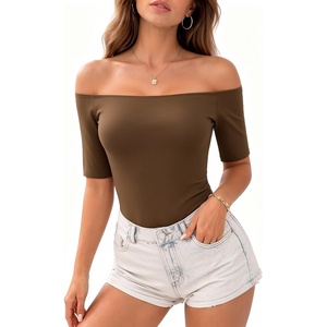 image:imageMANGOPOP Womens Half Sleeve Off the Shoulder Top Mid Elbow 34 Sleeve T Shirts Going Out Casual Trendy 2026Coffee