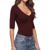 image:imageMANGOPOP Half Sleeve Tops for Women Sexy Deep V Neck Elbow Length Fitted Casual Going Out T Shirt Tops 2026 TrendyBurgundy