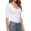 image:imageMANGOPOP Half Sleeve Tops for Women Sexy Deep V Neck Elbow Length Fitted Casual Going Out T Shirt Tops 2026 TrendyCreamy White