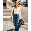 image:imageMANGOPOP Womens Square Neck Long Sleeve Shirts for Women Fitted Top Casual Basic Going Out TShirtB1creamy White
