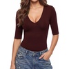 image:imageMANGOPOP Half Sleeve Tops for Women Sexy Deep V Neck Elbow Length Fitted Casual Going Out T Shirt Tops 2026 TrendyBurgundy