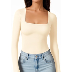 image:imageMANGOPOP Womens Square Neck Long Sleeve Shirts for Women Fitted Top Casual Basic Going Out TShirtB1creamy White
