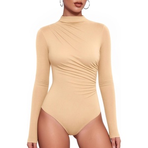 image:imageMANGOPOP Womens Mock Neck Long Sleeve Ruched Bodysuit Casual Fall Top 2026  Bodysuits for Women Ruched Turtleneck Body Suit Soft Fitted Clothing Trendy Elegant Outfit Winter Going Out TopNude
