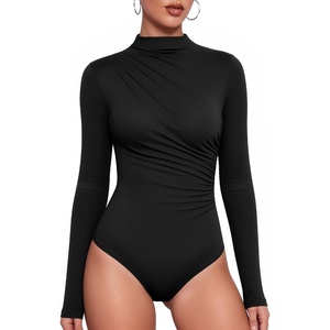 image:imageMANGOPOP Womens Mock Neck Long Sleeve Ruched Bodysuit Casual Fall Top 2026  Bodysuits for Women Ruched Turtleneck Body Suit Soft Fitted Clothing Trendy Elegant Outfit Winter Going Out Top01 Black