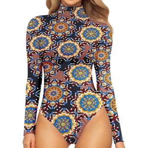image:imageMANGOPOP Womens Mock Turtle Neck Long Sleeve Tops Bodysuit Jumpsuit04 Long Sleeve Mandala
