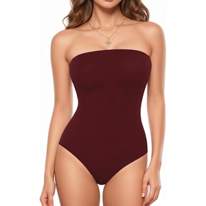 image:imageMANGOPOP Womens Strapless Thong Bodysuit Sexy Tube Top Off The Shoulder Double Lined Bodysuits Summer Going Out TopsBurgundy