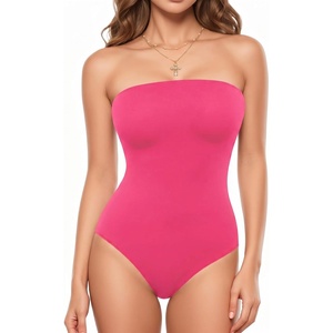 image:imageMANGOPOP Womens Strapless Thong Bodysuit Sexy Tube Top Off The Shoulder Double Lined Bodysuits Summer Going Out TopsHot Pink