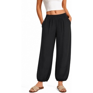 image:imageMANGOPOP Wide Leg Cropped Pants for Women 2026 Summer Elastic Waist Palazzo Trousers Bottoms with PocketsBlack