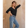 image:imageMANGOPOP Womens 34 Length Sleeve Tunic Top V Neck Ruched Waist Blouses Dressy Casual Business Work Shirts Daily WearBlack