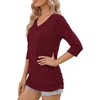 image:imageMANGOPOP Womens 34 Length Sleeve Tunic Top V Neck Ruched Waist Blouses Dressy Casual Business Work Shirts Daily WearWine Red