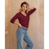image:imageMANGOPOP Womens 34 Length Sleeve Tunic Top V Neck Ruched Waist Blouses Dressy Casual Business Work Shirts Daily WearWine Red