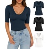 image:imageMANGOPOP Womens Half Sleeve Scoop Neck Top Mid Elbow 34 Sleeve T Shirts Going Out Casual Trendy 2026Zblack White Deep Blue