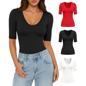image:imageMANGOPOP Womens Half Sleeve Scoop Neck Top Mid Elbow 34 Sleeve T Shirts Going Out Casual Trendy 2026Zblack White Red