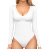 image:imageMANGOPOP Womens Long Sleeve Bodysuit Sexy V Neck Body Suits Fitted Fall Going Out TopsWhiteMedium