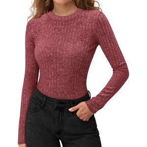 image:imageMANGOPOP Long Sleeve Shirts for Women Thermal Ribbed Crew Neck Lightweight Sweater Fitted Fall Winter Womens Tops 2025 TrendyBurgundy