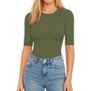image:imageMANGOPOP Womens Half Sleeve Crew Neck Bodysuit 34 Sleeve Body Suit  Short Sleeve Body Suits for Women Going Out Tops Fitted Casual Elbow Length Fall Outfits Slim Fit Dressy BasicArmy Green