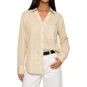 image:imageMANGOPOP Striped Button Down Shirt Women Business Casual V Neck Work Blouse  Lightweight Wrinkle Free Shirt Dress Shirts Versatile Long Sleeve Blouses Office Work Blouse Casual Button UpKhaki and White Stripes