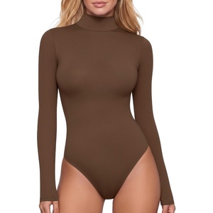 image:imageMANGOPOP Womens Mock Turtle Neck Long Sleeve Tops Bodysuit Jumpsuit02 Long Sleeve Coffee Fleece Lined