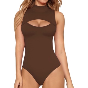 image:imageMANGOPOP Womens Mock Neck Cutout Front Bodysuit Long Sleeve Sleeveless Top  Mock Turtle Neck Body Suits Stretchy Soft Breathable Shirt Going Out Tops Daily Vacation Outfits Summer Fall Clothes04 Coffee Sleeveless