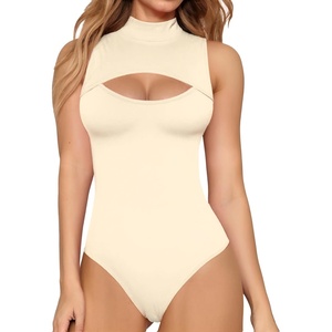 image:imageMANGOPOP Womens Mock Neck Cutout Front Bodysuit Long Sleeve Sleeveless Top  Mock Turtle Neck Body Suits Stretchy Soft Breathable Shirt Going Out Tops Daily Vacation Outfits Summer Fall Clothes04 Beige Sleeveless
