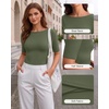image:imageMANGOPOP Womens Half Sleeve Boat Neck Top Mid Elbow 34 Sleeve T Shirts Going Out Casual Trendy 2026Army Green