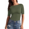 image:imageMANGOPOP Womens Half Sleeve Boat Neck Top Mid Elbow 34 Sleeve T Shirts Going Out Casual Trendy 2026Army Green